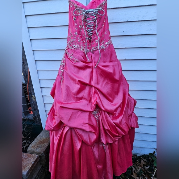 Watermelon Pink Embellished Strapless Gown - Picture 7 of 16